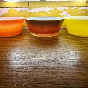 MCM Vtg Set of 3 Anchor Hocking Fire King 5" Cereal Bowls Yellow, Brown, Orange
